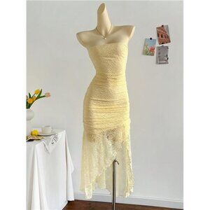 Soleia Vacation Pale Yellow Ruched Cropped Waist Asymmetric Hem Dress,Vacation